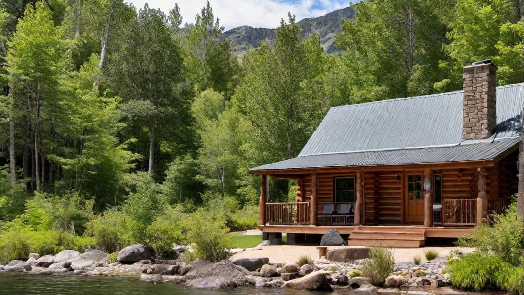  Hidden Retreat with Pristine Natural Surroundings, exterior of a log cabin, zoom out to see the full home, sharp and crisp image, bright sunny day