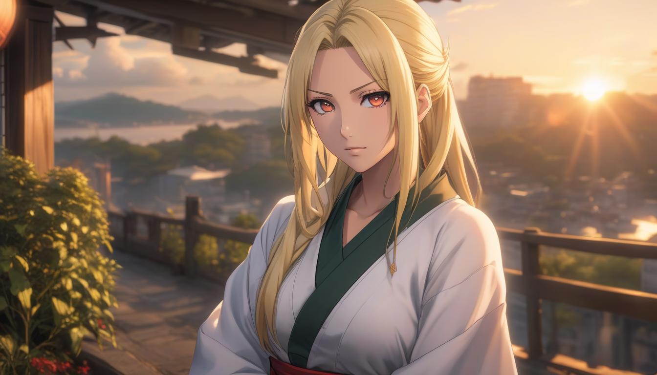  HDR photo of This is a girl from an anime who looks like a blond daughter of age 22, resembling Tsunade Senju, half her height, by Kishimoto Masashi, with golden eyes with a red glow, and a protector of Konoha, against the backdrop of a sunset. . High dynamic range, vivid, rich details, clear shadows and highlights, realistic, intense, enhanced contrast, highly detailed hyperrealistic, full body, detailed clothing, highly detailed, cinematic lighting, stunningly beautiful, intricate, sharp focus, f/1. 8, 85mm, (centered image composition), (professionally color graded), ((bright soft diffused light)), volumetric fog, trending on instagram, trending on tumblr, HDR 4K, 8K