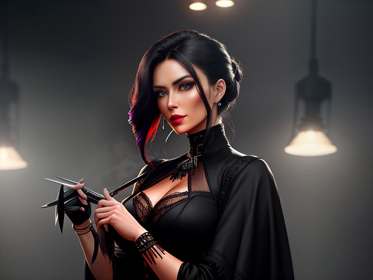  Create an image for a salon website header: a central figure in a western style, dark and mysterious character with a comb in one hand and scissors in the other. He stands against a backdrop where hairdressing tools are arranged like a fan, creating a dynamic and stylish impression. The image should be done in dark tones with accents that attract attention and fit both the female and male audience. The atmosphere should be unique and attractive, combining both the classic western and modern hairdressing style. hyperrealistic, full body, detailed clothing, highly detailed, cinematic lighting, stunningly beautiful, intricate, sharp focus, f/1. 8, 85mm, (centered image composition), (professionally color graded), ((bright soft diffused light)), volumetric fog, trending on instagram, trending on tumblr, HDR 4K, 8K