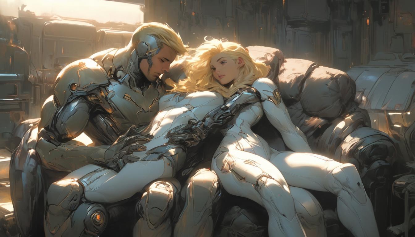  hyperrealism,fantasy aesthetic1man1woman, large busted attractive blonde arian female humanoid and handsome male humanoid, cozy room, soft cushions, eyes closed, peaceful, tranquil environment, high tech clothing clad in sleek, futuristic costume with metallic accents and form fitting designs, marvel superhero comics style, unreal engine rendering