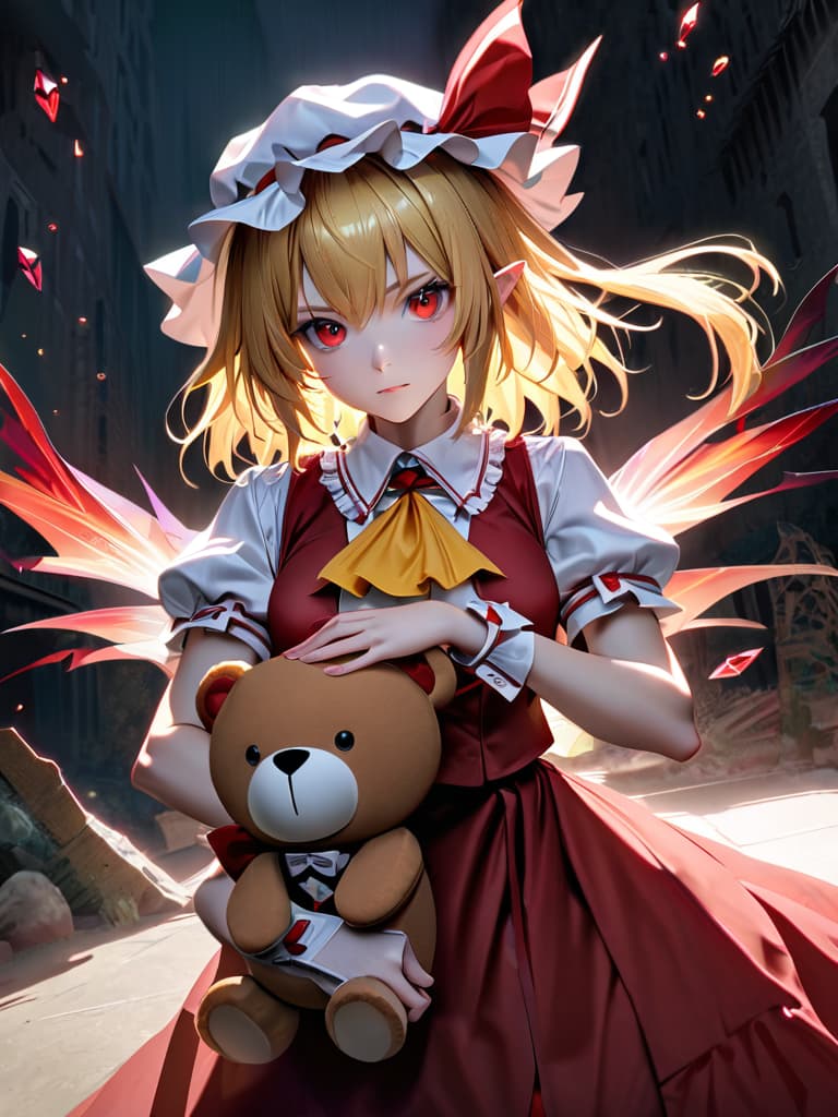  1girl, flandre scarlet, touhou, hat, mob cap, solo, blonde hair, stuffed toy, red vest, wings, stuffed animal, teddy bear, red eyes, crystal, vest, white headwear, outdoor, short sleeves, one side up, holding, puffy sleeves, skirt, shirt, pointy ears, red skirt, looking at viewer, puffy short sleeves, ascot, yellow ascot, wrist cuffs, white shirt, holding stuffed toy, bow, frills, red bow, collared shirt, ribbon, frilled shirt collar, red ribbon, medium hair masterpiece, best quality, very aesthetic, absurdres hyperrealistic, full body, detailed clothing, highly detailed, cinematic lighting, stunningly beautiful, intricate, sharp focus, f/1. 8, 85mm, (centered image composition), (professionally color graded), ((bright soft diffused light)), volumetric fog, trending on instagram, trending on tumblr, HDR 4K, 8K