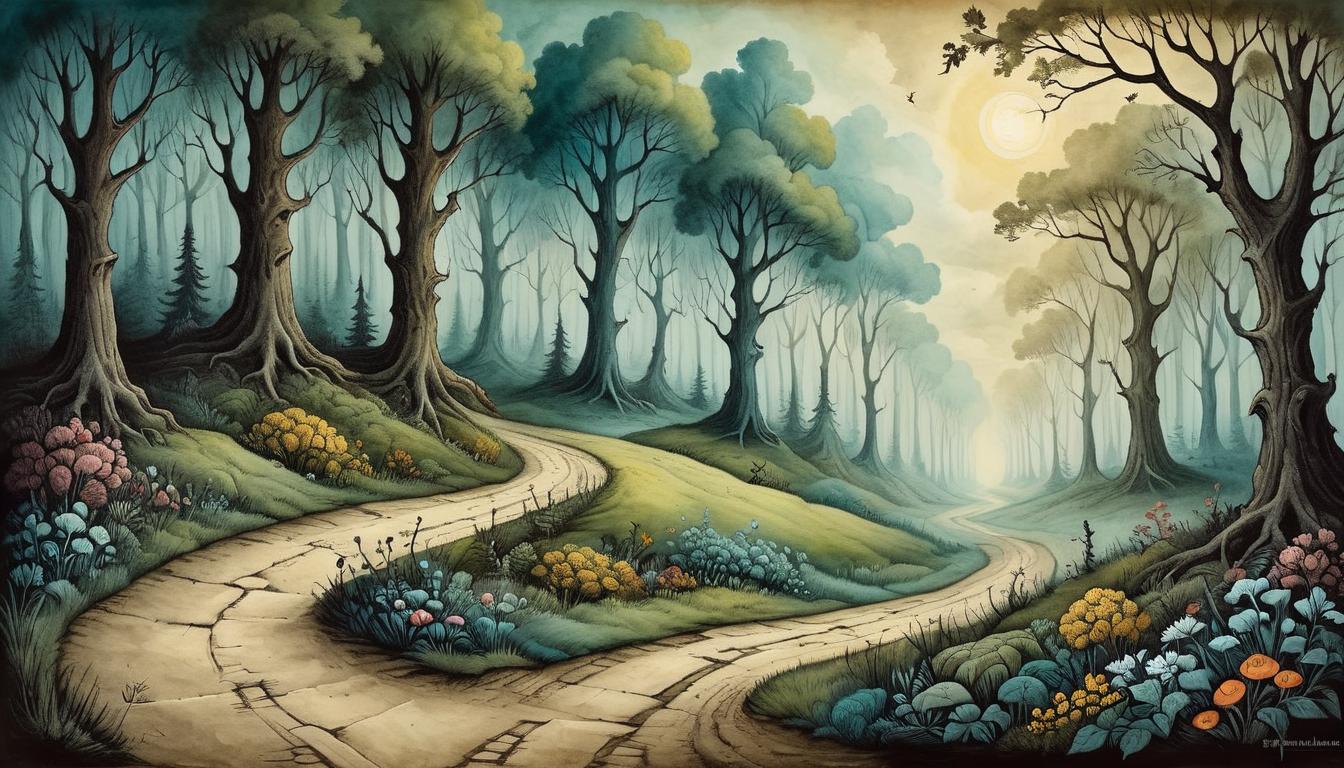  on parchment, surrealism+++, A path leading away from a dark, chaotic forest towards a bright, open field, journey of transition, hopeful, transformative(mysterious, provocative, symbolic,muted color)+++