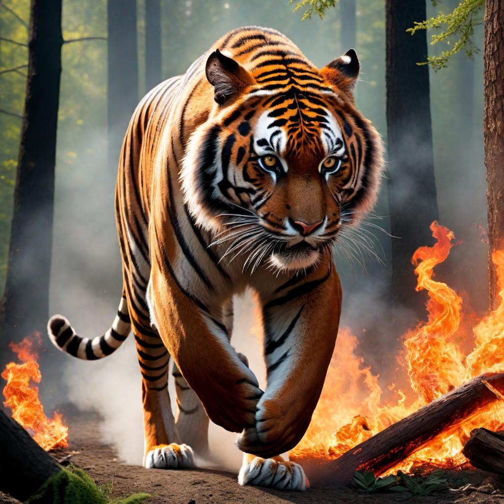  A dynamic and dramatic scene of a tiger running towards flames that are approaching it. The background should be a dense forest with a mix of green and burnt trees. The tiger should have a determined expression, showcasing its strength and courage. The flames are fierce, with bright orange and red colors, while some areas show thick smoke rising. The atmosphere should be intense and urgent. hyperrealistic, full body, detailed clothing, highly detailed, cinematic lighting, stunningly beautiful, intricate, sharp focus, f/1. 8, 85mm, (centered image composition), (professionally color graded), ((bright soft diffused light)), volumetric fog, trending on instagram, trending on tumblr, HDR 4K, 8K