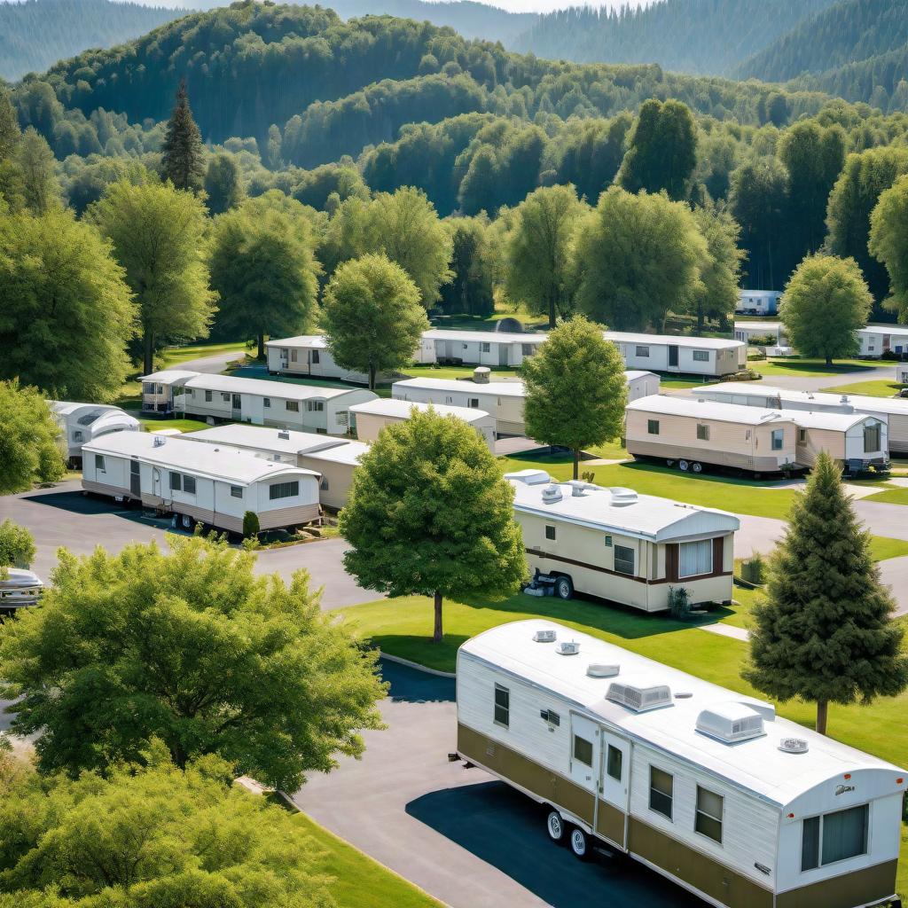  A well-maintained mobile home park with various mobile homes lined up neatly. The park features green lawns, paved roads, and visible utility hookups for water, electricity, and sewage. There are trees and landscaping throughout the park to create a pleasant living environment. Include areas for amenities such as a playground and a community center, with a peaceful and inviting atmosphere. hyperrealistic, full body, detailed clothing, highly detailed, cinematic lighting, stunningly beautiful, intricate, sharp focus, f/1. 8, 85mm, (centered image composition), (professionally color graded), ((bright soft diffused light)), volumetric fog, trending on instagram, trending on tumblr, HDR 4K, 8K