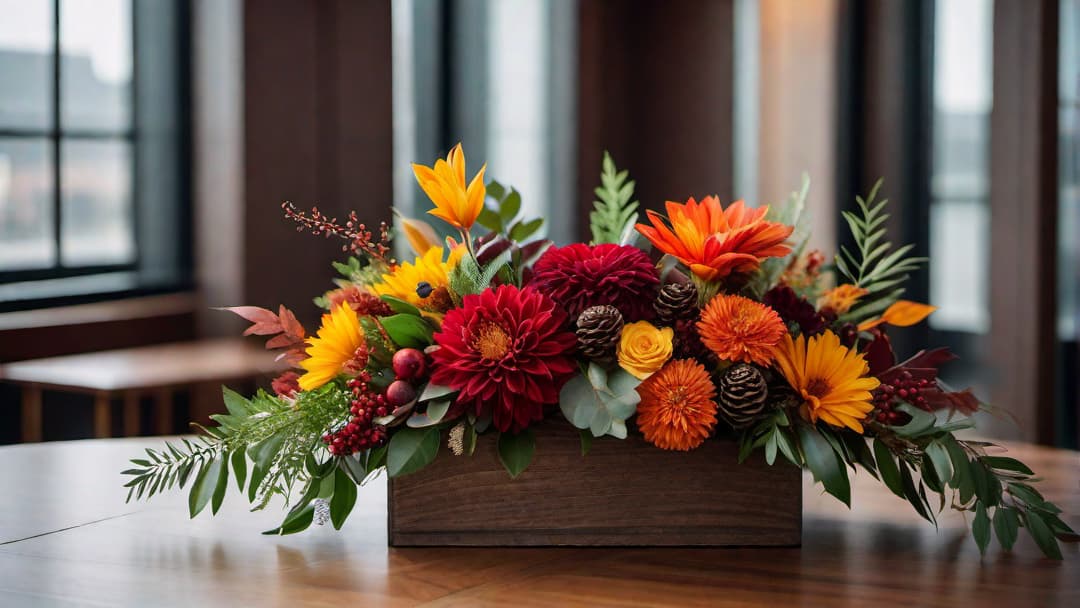  Generate an image of a beautiful autumn wedding centerpiece. The centerpiece should include a mix of vibrant fall flowers in shades of red, orange, and yellow, arranged in a rustic wooden box. Incorporate lush greenery, berries, and twigs to enhance the seasonal theme. The overall design should evoke a warm and inviting atmosphere perfect for a fall wedding celebration. hyperrealistic, full body, detailed clothing, highly detailed, cinematic lighting, stunningly beautiful, intricate, sharp focus, f/1. 8, 85mm, (centered image composition), (professionally color graded), ((bright soft diffused light)), volumetric fog, trending on instagram, trending on tumblr, HDR 4K, 8K