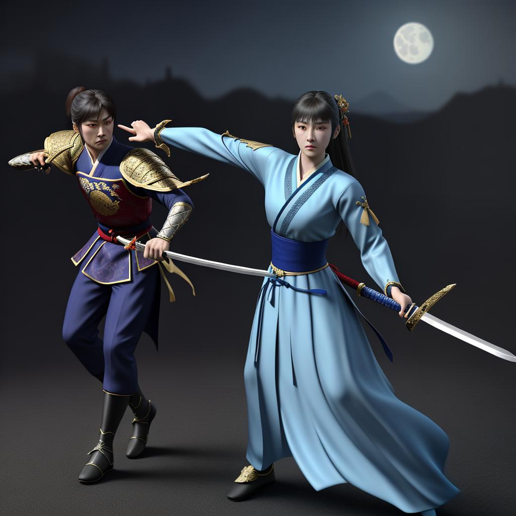  masterpiece, best quality, beauty in costume, holding sword, half moon night,3D style, martial arts style, side looking audience