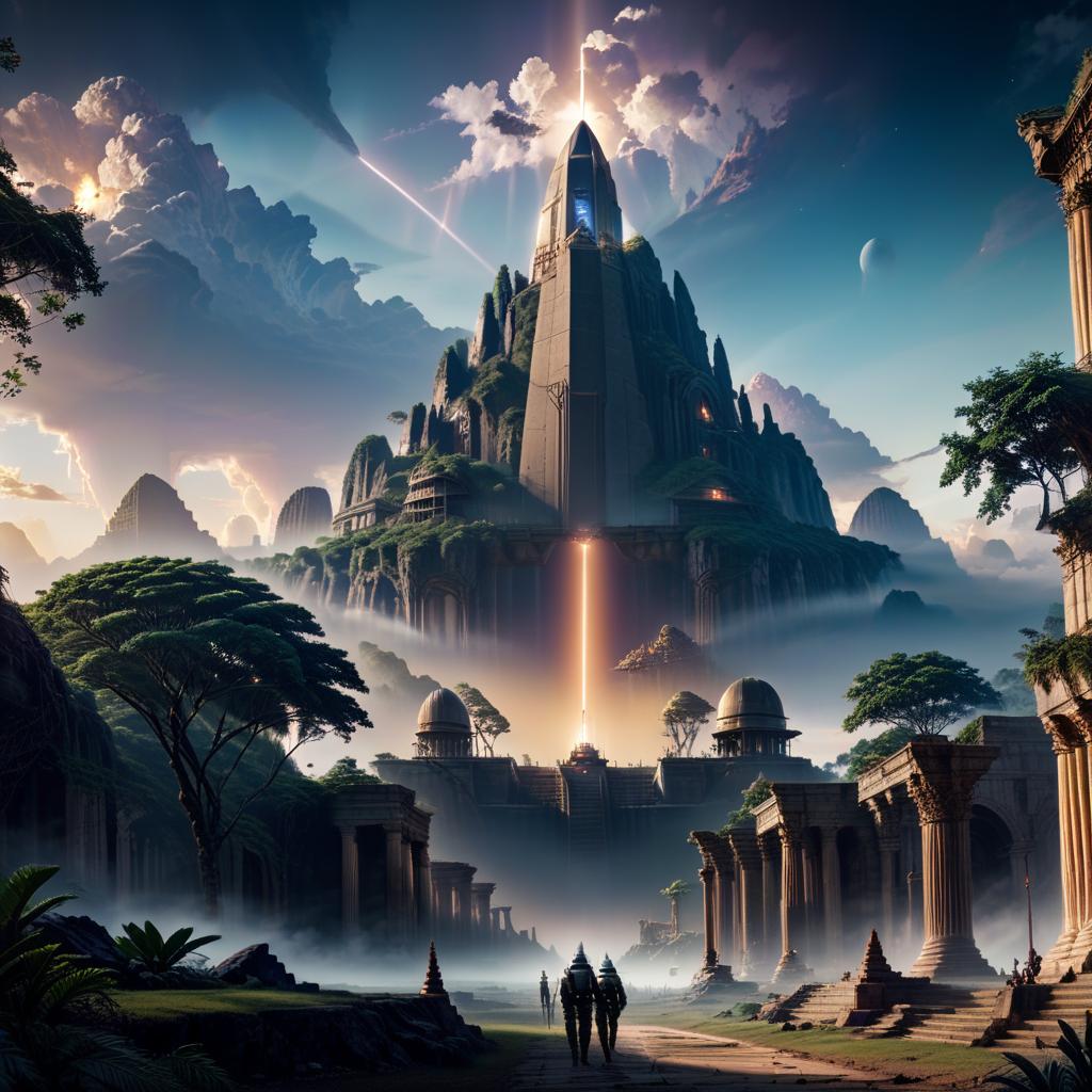  cinematic photo sci fi book cover, a specially designed spacecraft, outer space, temple in ruines, forest, stairs, columns, walking on the starlight, in background an alien pyramid landscape and Sunset clouds, tall building in background, dreamy ultra wide shot, trending on cgsociety, trending on artstation, atmospheric, epic composition, twinkling lights, matte painting, photo realism, No one image will be the same . 35mm photograph, film, bokeh, professional, 4k, highly detailed, Civitai hyperrealistic, full body, detailed clothing, highly detailed, cinematic lighting, stunningly beautiful, intricate, sharp focus, f/1. 8, 85mm, (centered image composition), (professionally color graded), ((bright soft diffused light)), volumetric fog, trending on instagram, trending on tumblr, HDR 4K, 8K