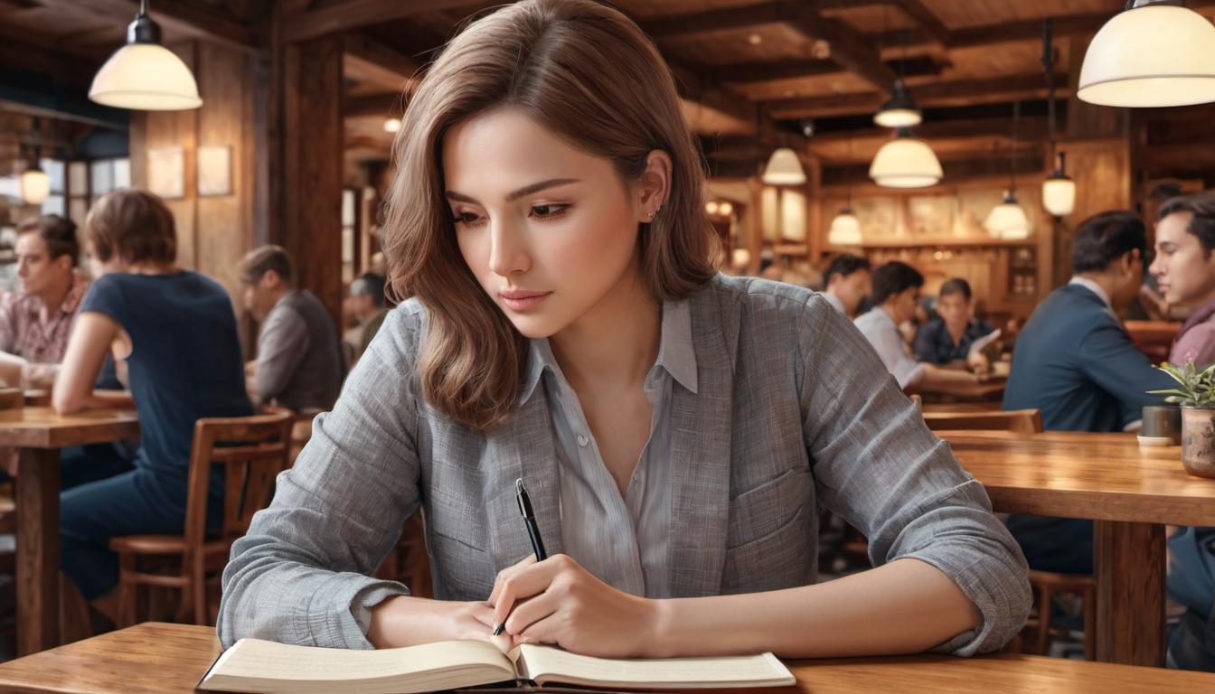  digital illustration, 1woman, determined look, sitting in a quiet cafe, background of warm, wooden interiors, holding a notebook and pen, deep in thought, planning, resolving, looking at viewer, dynamic pose, (intricate details, masterpiece, best quality)