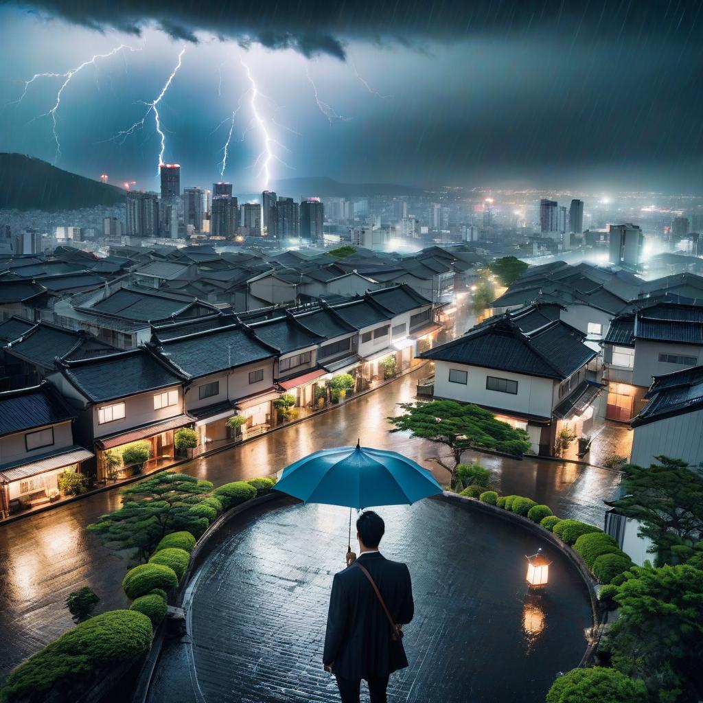  cinematic photo Over a Japanese city, thunderstorm. . 35mm photograph, film, bokeh, professional, 4k, highly detailed hyperrealistic, full body, detailed clothing, highly detailed, cinematic lighting, stunningly beautiful, intricate, sharp focus, f/1. 8, 85mm, (centered image composition), (professionally color graded), ((bright soft diffused light)), volumetric fog, trending on instagram, trending on tumblr, HDR 4K, 8K