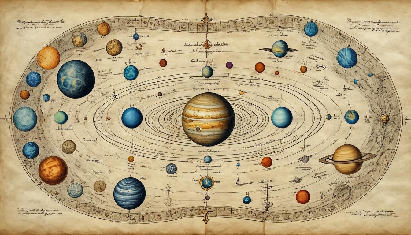  on parchment, surrealism+++, Celestial bodies orbiting, ideas as planets, vastness of the mind, organized, expansive(mysterious, provocative, symbolic,muted color)+++