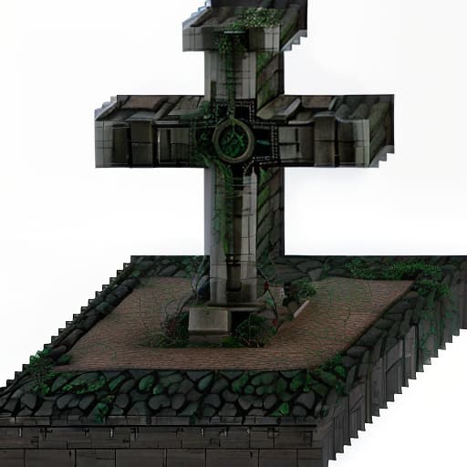 dvarchmodern Middle Ages, hero's large cross, cemetery, green liquid seeps between the bricks, necropolis building, building in good condition hyperrealistic, full body, detailed clothing, highly detailed, cinematic lighting, stunningly beautiful, intricate, sharp focus, f/1. 8, 85mm, (centered image composition), (professionally color graded), ((bright soft diffused light)), volumetric fog, trending on instagram, trending on tumblr, HDR 4K, 8K