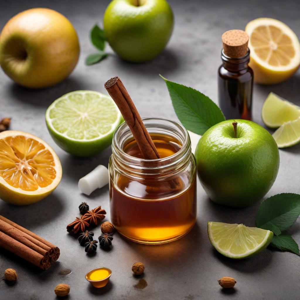  An image of a medical shot to drink, consisting of a small cup filled with a vibrant, deep amber liquid mixture. Surrounding the cup, neatly arranged, are the following ingredients with labels: lime juice, apple cider vinegar, turmeric, cinnamon, ginger, honey, black seed oil, coconut oil, and chlorophyll. Each ingredient should be visually represented in its natural form or a small container. Include a bottle with a cork in it, taken from the first image. The background should be clean and white to highlight the ingredients and the medical shot. The scene should feel natural and inviting, with a spotlight effect that softly illuminates the composition, emphasizing the health essence of the drink. hyperrealistic, full body, detailed clothing, highly detailed, cinematic lighting, stunningly beautiful, intricate, sharp focus, f/1. 8, 85mm, (centered image composition), (professionally color graded), ((bright soft diffused light)), volumetric fog, trending on instagram, trending on tumblr, HDR 4K, 8K