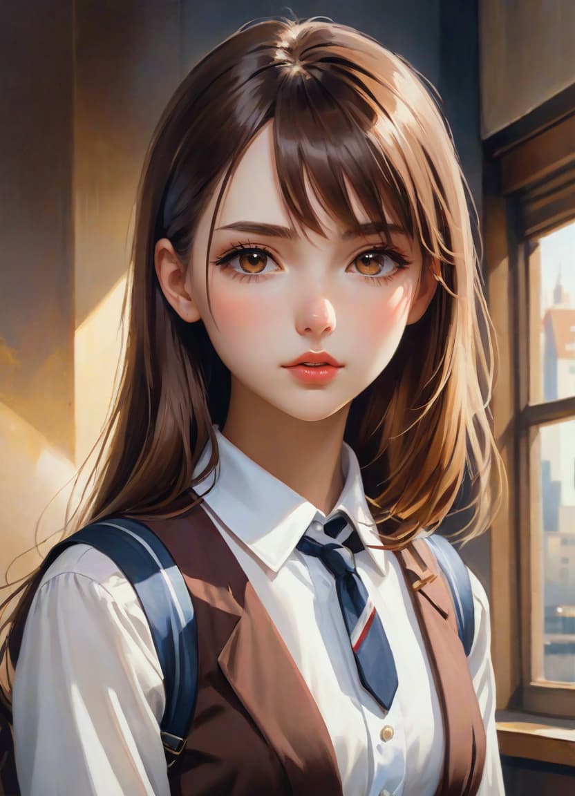  anime artwork beautiful , , oblique bangs, a mole under the lower lip in the middle of the chin. white skinned, European, brown eyes, long brown straight hair, side bangs, mole under the lower lip, slender figure, small neat s, dressed in a black dress with a white collar and white cuffs, full length, against the backdrop of a modern city. Skyscrs of Moscow City (photorealism, oil painting: 1.3), (full length shot: 1.3), charming , long flowing black hair, (large sensual mouth: 1.2), plump lips, sparkling brown eyes , narrow waist, (sensual drawing: 1.2), silvery glow, ethereal aura, detailed brushwork, intricate shadows and highlights, mysterious and captivating expression, unique color palette, masterf hyperrealistic, full body, detailed clothing, highly detailed, cinematic lighting, stunningly beautiful, intricate, sharp focus, f/1. 8, 85mm, (centered image composition), (professionally color graded), ((bright soft diffused light)), volumetric fog, trending on instagram, trending on tumblr, HDR 4K, 8K