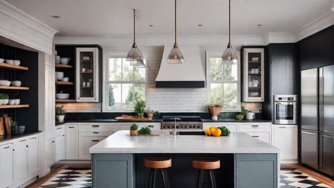  80's home interior design, featuring checkerboard tiles in a kitchen, with bold black and white contrasting patterns, vintage appliances, vibrant colored countertops, and retro decor accents additional guidelines  hyperrealistic, full body, detailed clothing, highly detailed, cinematic lighting, stunningly beautiful, intricate, sharp focus, f/1. 8, 85mm, (centered image composition), (professionally color graded), ((bright soft diffused light)), volumetric fog, trending on instagram, trending on tumblr, HDR 4K, 8K