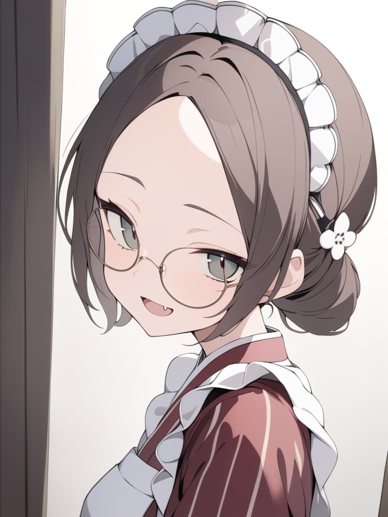  ultra detailed:1.2,masterpiece:1.2,best quality,masterpiece,bestquality,hdr:1.1,8k:1.1,very cute girl:1.3,(wine red color kimono,vertical striped kimono:1.3),(minimum very small round eyewear:1.7),(dark brown hair:1.3),(black eye:1.2),(maid headdress:1.5),(white apron:1.4),upper body:1.3,face focus:1.4,old Japanese room:1.5,(open mouth,fang:1.4),(light smile:1.3),(short hair),(forehead:1.1),hair pin:1.3,(highlights eyes:1.7), masterpiece, best quality,8k,ultra detailed,high resolution,an extremely delicate and beautiful,hyper detail