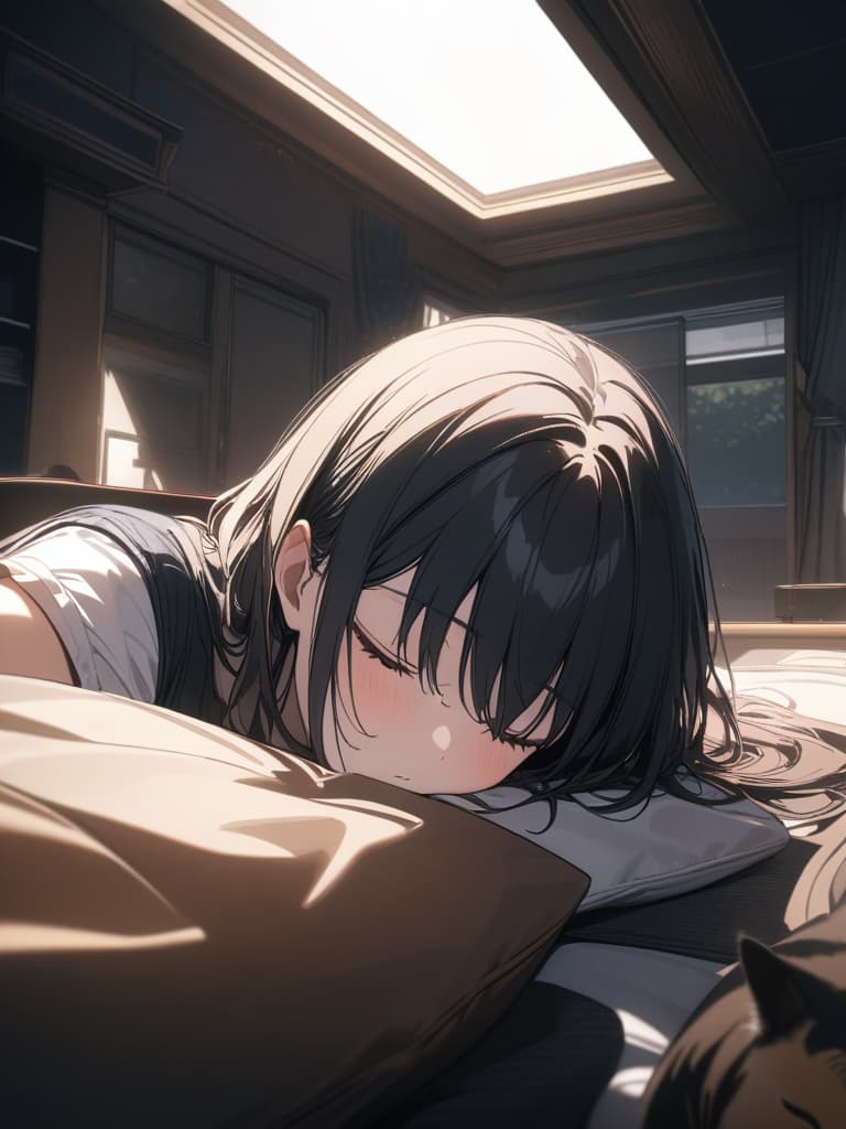  Black hair short, women, cats nearby, indoors, short sleeves, sleep, masterpiece, best quality,8k,ultra detailed,high resolution,an extremely delicate and beautiful,hyper detail