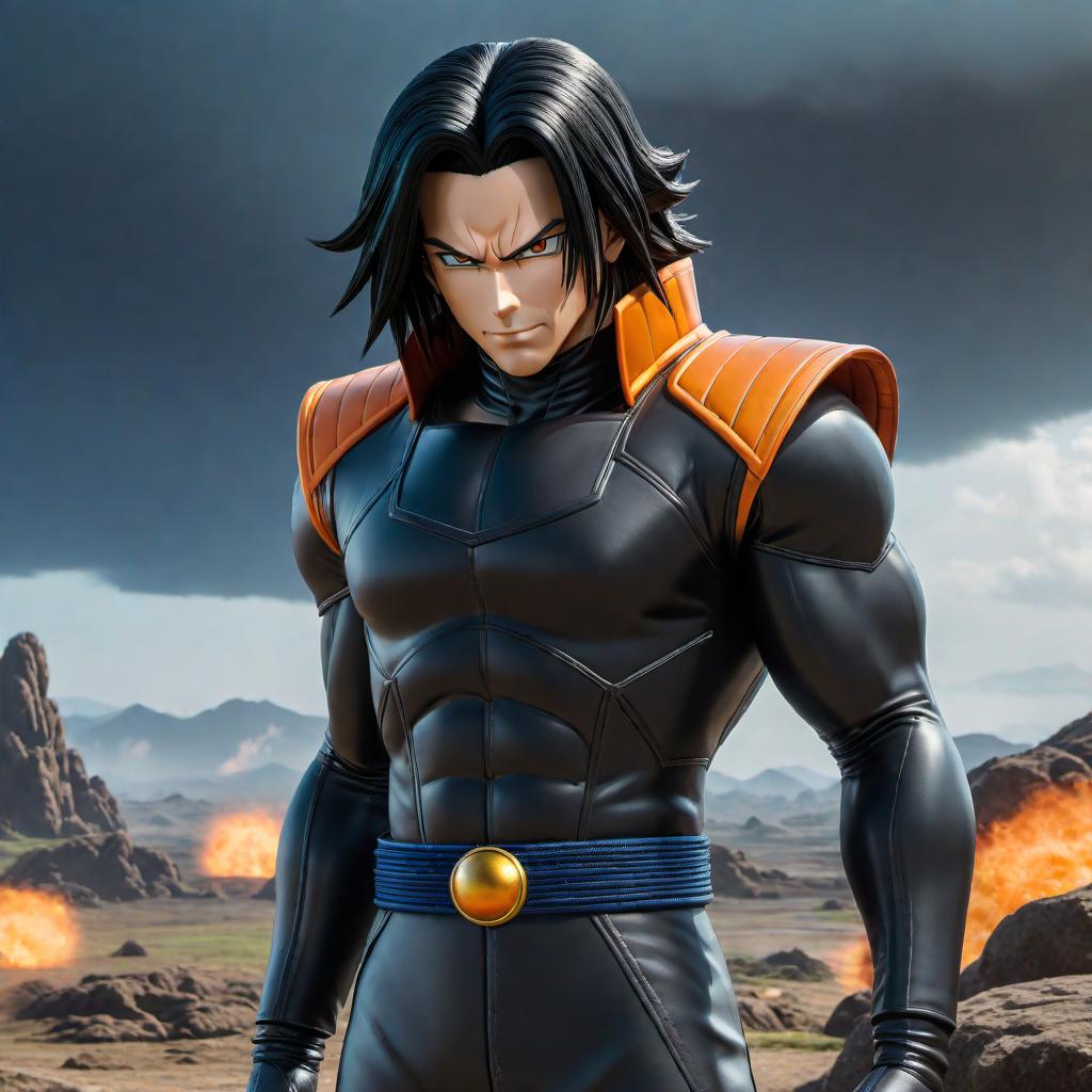  A detailed image of Android 17 from Dragon Ball Z. He should be in his iconic outfit with the black shirt, blue jeans, green socks, and orange scarf. He should have a confident and determined look on his face. The background can be a dynamic, futuristic landscape or a battleground scene from the series. hyperrealistic, full body, detailed clothing, highly detailed, cinematic lighting, stunningly beautiful, intricate, sharp focus, f/1. 8, 85mm, (centered image composition), (professionally color graded), ((bright soft diffused light)), volumetric fog, trending on instagram, trending on tumblr, HDR 4K, 8K