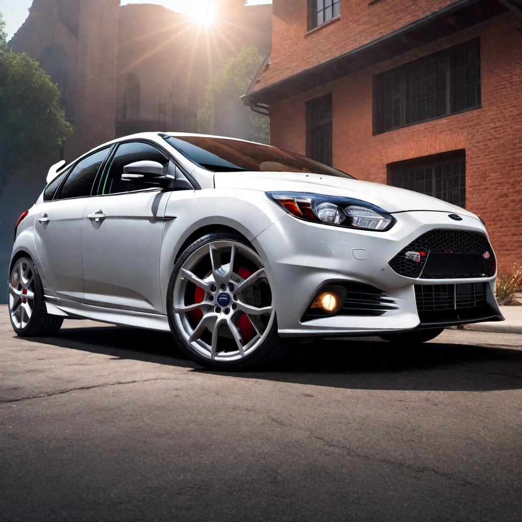  2013 Ford Focus ST in pearl white. Emphasize the sporty design, detailed headlights, front grille, and stylish wheels. Place the car in a scenic background with good lighting to showcase its features. hyperrealistic, full body, detailed clothing, highly detailed, cinematic lighting, stunningly beautiful, intricate, sharp focus, f/1. 8, 85mm, (centered image composition), (professionally color graded), ((bright soft diffused light)), volumetric fog, trending on instagram, trending on tumblr, HDR 4K, 8K