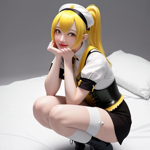  tomoe mami,,face covered in,in puella magi madoka magica style ,short long hair, 75kg, bangs are side parted hair,yellow hair,drill hair,tie her hair low at the back of her head,wearing corset,knee-high socks,long boots,mini nurse cap,large,yellow eyes,profuse sweat,disliked face,cry out,, cute smile, no clothes, squatting in bed from above,, clear detailed photo, sharp focus, high resolution, 4k uhd, perfectly detailed big eyes, real life perso hyperrealistic, full body, detailed clothing, highly detailed, cinematic lighting, stunningly beautiful, intricate, sharp focus, f/1. 8, 85mm, (centered image composition), (professionally color graded), ((bright soft diffused light)), volumetric fog, trending on instagram, trending on tumblr, HDR 4K, 8K