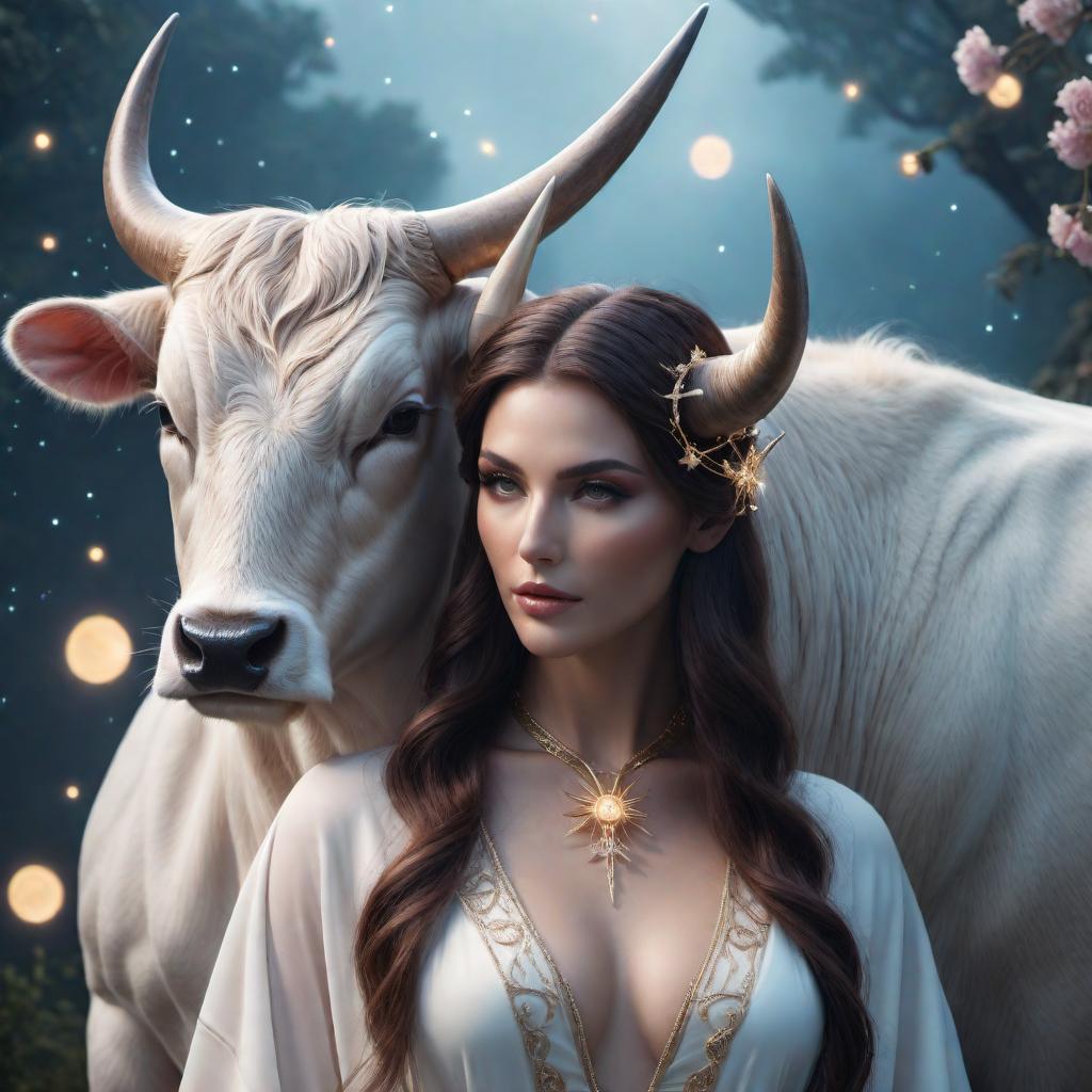  Gemini female and Taurus male as a romantic couple in a fantasy lofi style. The scene features a dreamy, mystical atmosphere with soft, glowing lights and ethereal colors. The Taurus male has a strong and nurturing presence with distinctive ox horns, while the Gemini female has a soft and delicate appearance. They are surrounded by zodiac symbols, stars, and a serene background, reflecting their romantic connection. hyperrealistic, full body, detailed clothing, highly detailed, cinematic lighting, stunningly beautiful, intricate, sharp focus, f/1. 8, 85mm, (centered image composition), (professionally color graded), ((bright soft diffused light)), volumetric fog, trending on instagram, trending on tumblr, HDR 4K, 8K