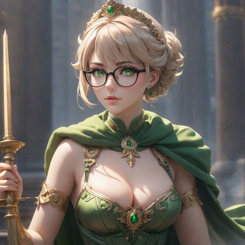  The goddess of justice and order. Short light hair, green eyes, glasses hyperrealistic, full body, detailed clothing, highly detailed, cinematic lighting, stunningly beautiful, intricate, sharp focus, f/1. 8, 85mm, (centered image composition), (professionally color graded), ((bright soft diffused light)), volumetric fog, trending on instagram, trending on tumblr, HDR 4K, 8K