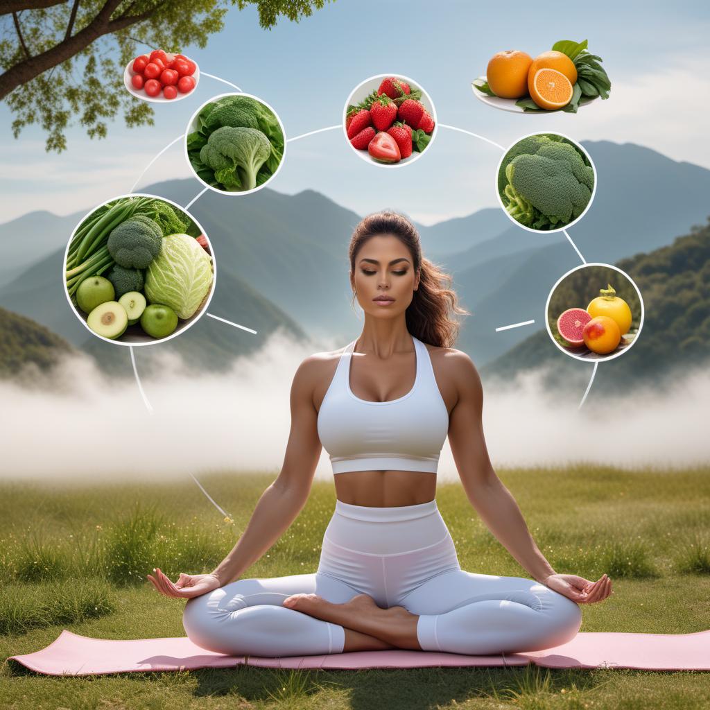  An image showing healthy weight loss steps. The visual should include: 1. A balanced plate with fruits, vegetables, lean proteins, and whole grains. 2. Icons representing different exercises like walking, jogging, and weightlifting. 3. Symbols for hydration (like a water bottle) and sleep (like a sleeping person or bed). 4. Relaxation and stress management icons like yoga, meditation, and deep breathing exercises. hyperrealistic, full body, detailed clothing, highly detailed, cinematic lighting, stunningly beautiful, intricate, sharp focus, f/1. 8, 85mm, (centered image composition), (professionally color graded), ((bright soft diffused light)), volumetric fog, trending on instagram, trending on tumblr, HDR 4K, 8K