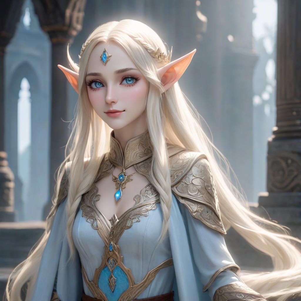  A confident elf with long ears and a gentle smile. She is kind, but fair. The High priestess of the Temple of Light and Darkness. The skin is pale. Her hair is blond, almost white. Her eyes are pale blue, almost white. hyperrealistic, full body, detailed clothing, highly detailed, cinematic lighting, stunningly beautiful, intricate, sharp focus, f/1. 8, 85mm, (centered image composition), (professionally color graded), ((bright soft diffused light)), volumetric fog, trending on instagram, trending on tumblr, HDR 4K, 8K