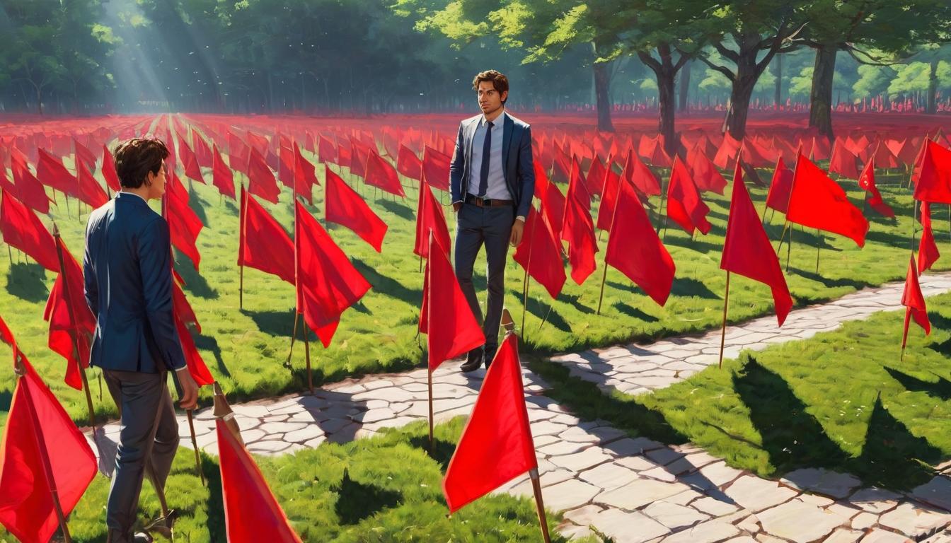  digital illustration, 1man, casually dressed, stepping over a line of red flags on the ground, distracted expression, outdoor setting, bright sunlight, disregarding, unaware, looking at viewer, dynamic pose, (intricate details, masterpiece, best quality)