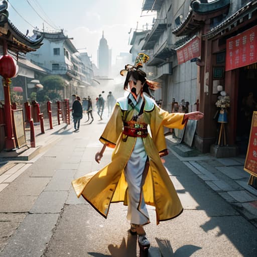  The image produced is 16k high quality, ultra high detail real photo style of the appearance of the Mazu Temple in Kowloon, the ancient capital. It is located on the edge of the intersection of five roads on the streets of Tainan. There are Chinese style golden dragons and golden phoenixes flying in the sky above the temple, and the temple emits golden light to illuminate the surroundings. Building, bird&#39;s eye view. There are believers at the entrance of the temple and it is very lively. The picture is bright. hyperrealistic, full body, detailed clothing, highly detailed, cinematic lighting, stunningly beautiful, intricate, sharp focus, f/1. 8, 85mm, (centered image composition), (professionally color graded), ((bright soft diffused light)), volumetric fog, trending on instagram, trending on tumblr, HDR 4K, 8K