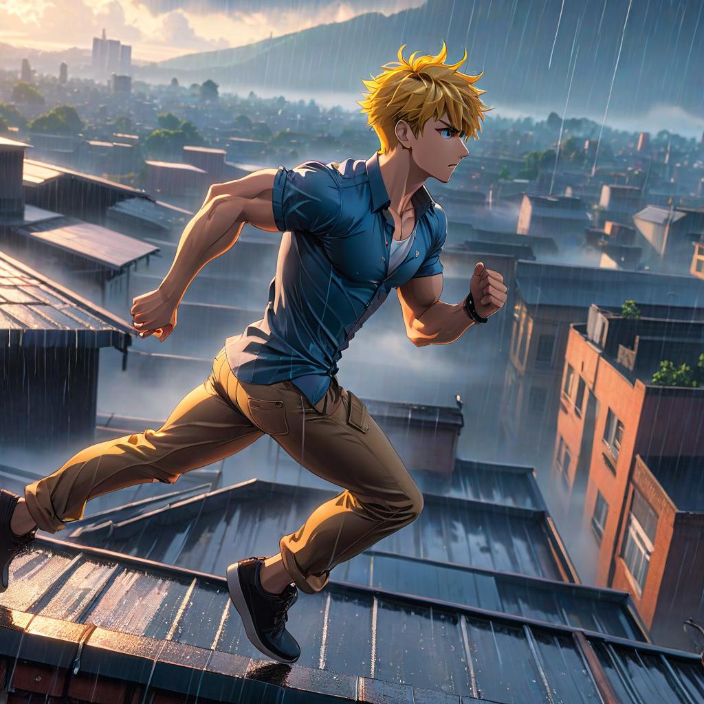  anime artwork "A guy is running across the roof in a shirt during rain, from the side" . anime style, key visual, vibrant, studio anime, highly detailed hyperrealistic, full body, detailed clothing, highly detailed, cinematic lighting, stunningly beautiful, intricate, sharp focus, f/1. 8, 85mm, (centered image composition), (professionally color graded), ((bright soft diffused light)), volumetric fog, trending on instagram, trending on tumblr, HDR 4K, 8K