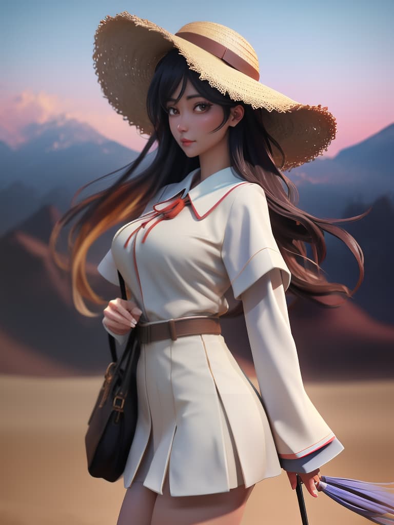  (score 9), score 8 up, highres, 1girl, anime, school uniform, straw hat, desert hyperrealistic, full body, detailed clothing, highly detailed, cinematic lighting, stunningly beautiful, intricate, sharp focus, f/1. 8, 85mm, (centered image composition), (professionally color graded), ((bright soft diffused light)), volumetric fog, trending on instagram, trending on tumblr, HDR 4K, 8K