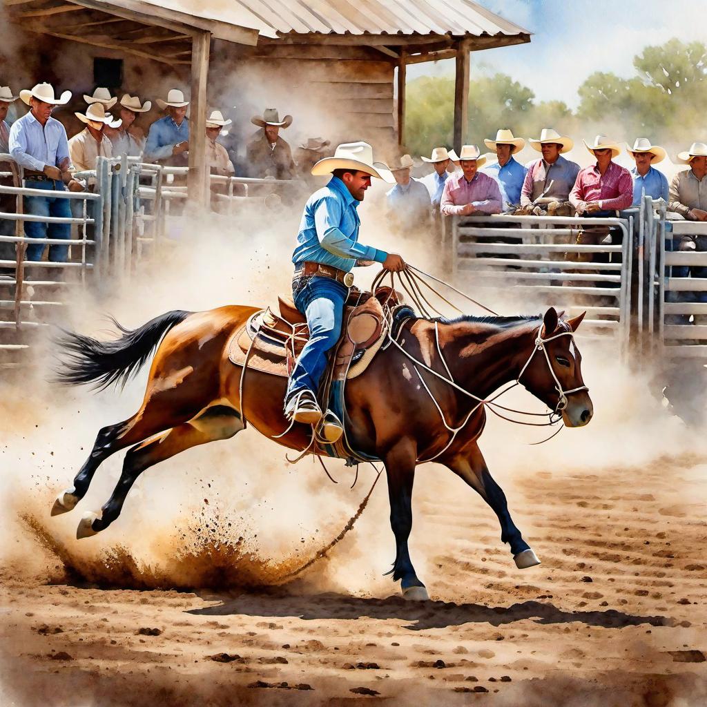  Create a watercolor painting of calf roping at a rodeo. The background features soft, watercolor style splashes in earthy tones, giving the image an artistic and dreamy feel. Ensure the overall image has a delicate watercolor effect.