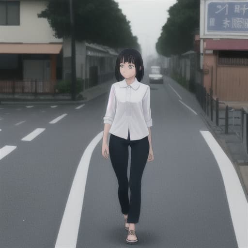  a girl wearing pant shirt walking on the road alone
