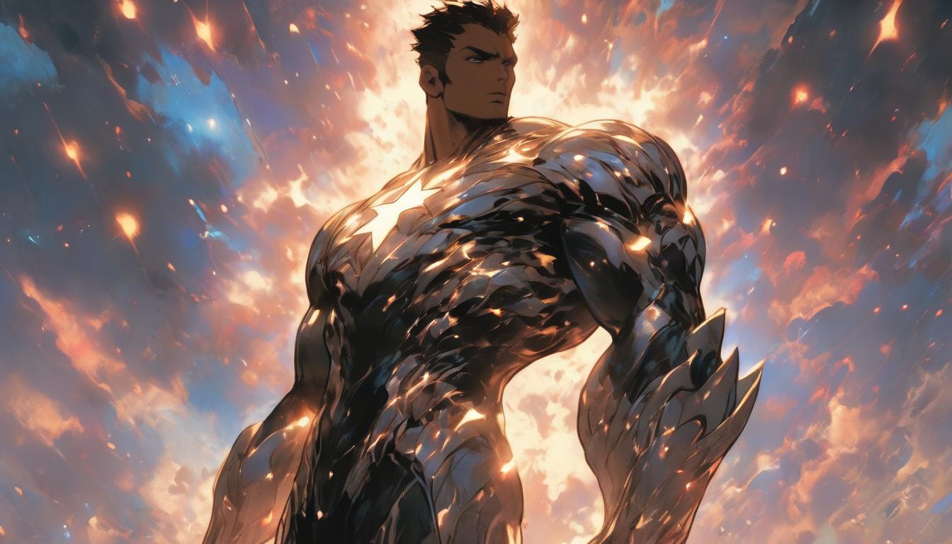  hyperrealism,fantasy aesthetic1man, attractive arian male humanoid, standing under a star filled sky, arms outstretched, cosmos in the background, mood of divine embrace, high tech clothing clad in sleek, futuristic costume with metallic accents and form fitting designs, marvel superhero comics style, unreal engine rendering