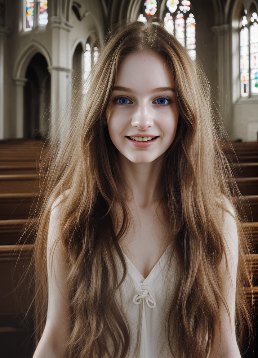  cute , young, , long messy hair, pale skin, perfect complexion, (masterpiece, best quality, highres, high resolution:1.2), extremely detailed, realistic, intricate details, 1, solo, messy hair, long hair, small s, inside a church, dewy skin, sweet smile, closed lips, blue eyes, full body shot