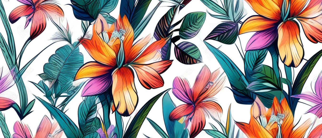  best quality, HD, Unique hand drawn exotic flowers pattern. Dynamic botanical print. Fashionable template for design.