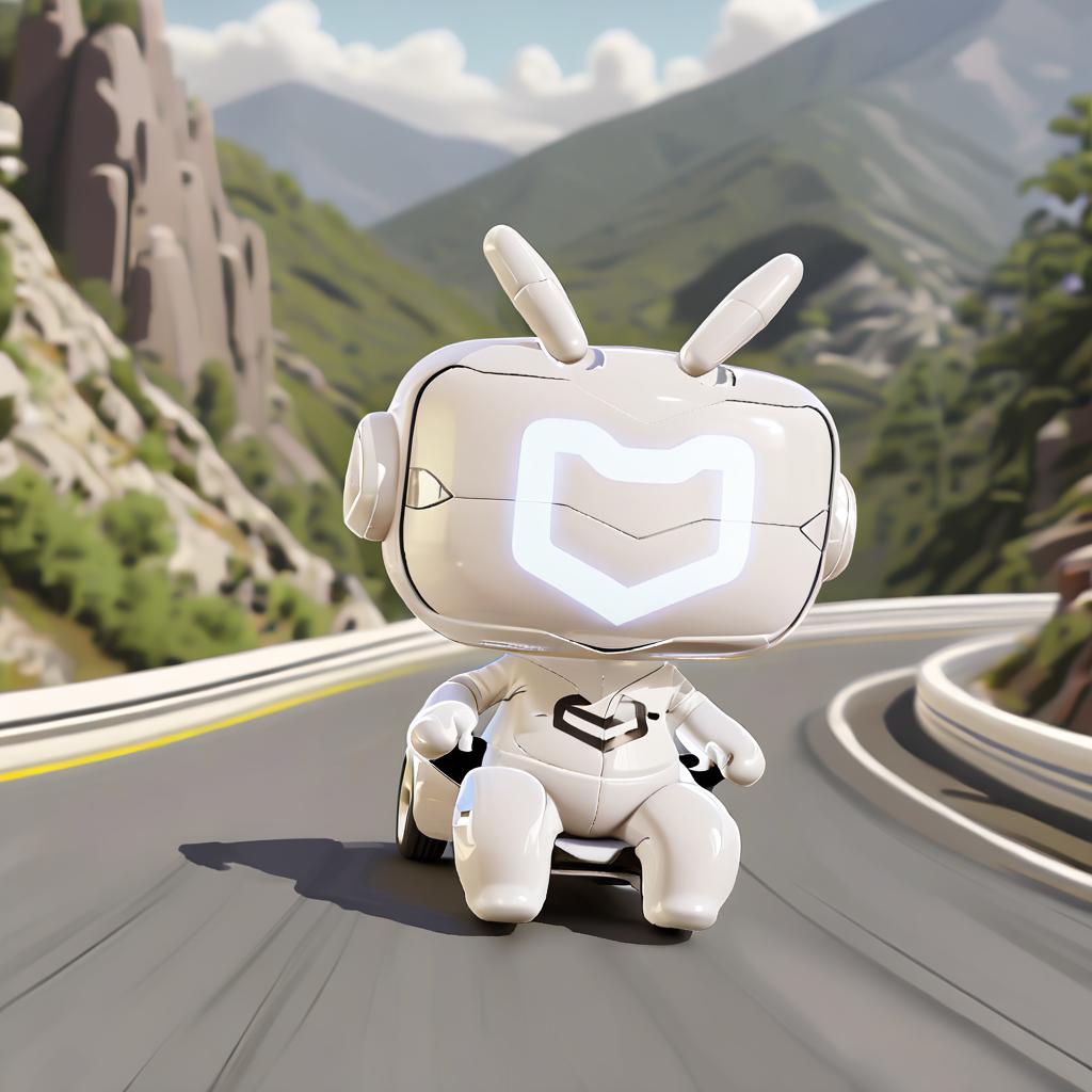  anxiaozhi,a cute white robot with white mask wears racing uniform,(drive a racing cartoon car:1.5),On the winding mountain road.