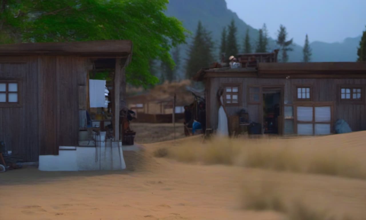  a wooden house on a sandy field in the distance of the mountain hyperrealistic, full body, detailed clothing, highly detailed, cinematic lighting, stunningly beautiful, intricate, sharp focus, f/1. 8, 85mm, (centered image composition), (professionally color graded), ((bright soft diffused light)), volumetric fog, trending on instagram, trending on tumblr, HDR 4K, 8K