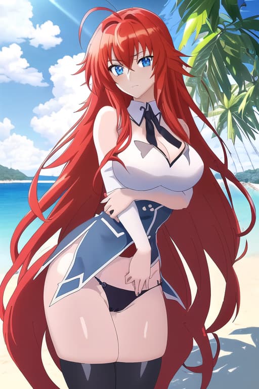  ,on the beach,sunny beautiful day,age,cameltoe,long hair,,realistic,anime style.,masterpiece, best quality, 1women, long red hair, looking at viewer, :3, cute, black uniform, outdoors, streets, cowboy shot, curvy, (((blue eyes))), rias gremory, red hair, antenna hair, wavy hair, ((beautiful detailed eyes, beautiful detailed glow, lots of glow)), anime screencap