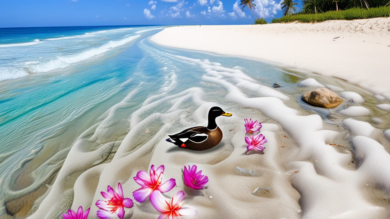  best quality, HD, Beach summer panoramic background with Diving Duck flower on the cristal sand and glory water