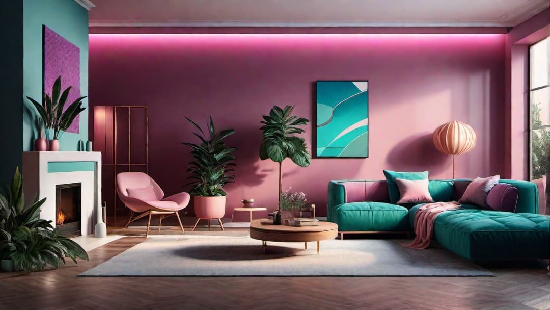  Generate an image of a living room with 80's home interior design featuring bright neon colors and bold geometric patterns throughout. Emphasize the use of vibrant purples, pinks, blues, and greens. Include abstract shapes like triangles, squares, and circles in the patterns for a retro feel. additional guidelines Focus on creating a visually stunning and nostalgic representation of 80's home interior design with a modern twist. hyperrealistic, full body, detailed clothing, highly detailed, cinematic lighting, stunningly beautiful, intricate, sharp focus, f/1. 8, 85mm, (centered image composition), (professionally color graded), ((bright soft diffused light)), volumetric fog, trending on instagram, trending on tumblr, HDR 4K, 8K