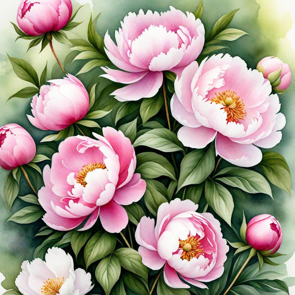  Create a delicate watercolor digital painting of a beautiful bouquet of large, blooming peonies in shades of pink and white, surrounded by lush green leaves. Intertwined with the flowers is a stethoscope, its tubing wrapping gracefully around the blooms, adding a unique and artistic touch. The background should feature soft, watercolor style splashes, enhancing the dreamy and artistic feel of the image. Ensure the overall image maintains a gentle and elegant watercolor effect.