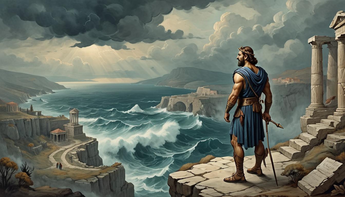  on parchment, surrealism+++, Odysseus in ancient Greek attire, standing on a cliff overlooking a stormy sea, ruins of Ithaca in the background, journey, perilous, nostalgic(mysterious, provocative, symbolic,muted color)+++