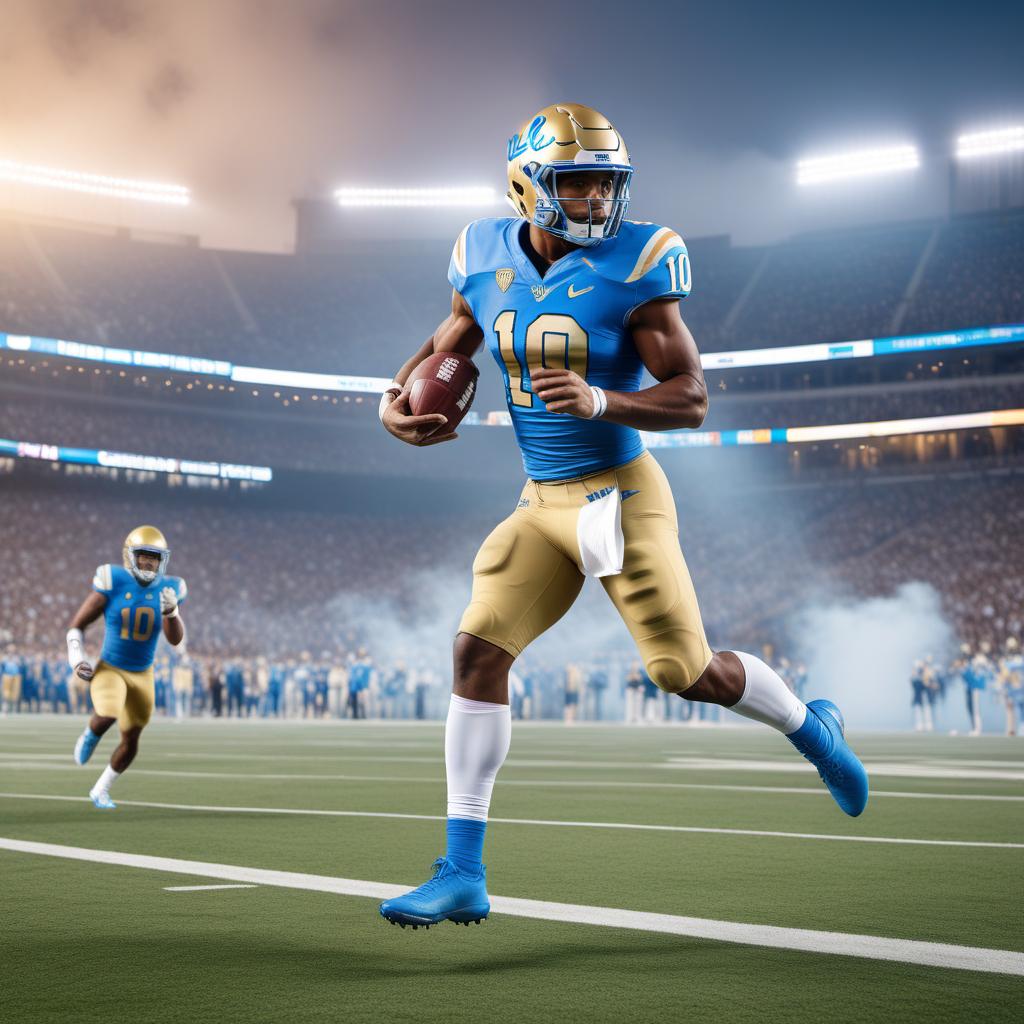  A UCLA football player wearing jersey number 10. The player is dynamic in action, perhaps mid-run or celebrating a touchdown. The jersey is in UCLA's iconic blue and gold colors, with the number 10 clearly visible on both the front and back. The player should be wearing a helmet and pads, with the UCLA logo on the helmet. The background can be a stadium filled with cheering fans. hyperrealistic, full body, detailed clothing, highly detailed, cinematic lighting, stunningly beautiful, intricate, sharp focus, f/1. 8, 85mm, (centered image composition), (professionally color graded), ((bright soft diffused light)), volumetric fog, trending on instagram, trending on tumblr, HDR 4K, 8K