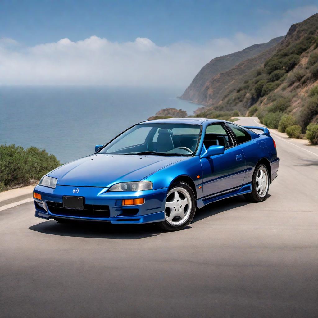  1996 Honda Prelude Si in blue color, parked on a road. The car should showcase its sporty design elements, including its sleek front grille, distinctive alloy wheels, and characteristic mid-90s coupe body lines. The background should be simple to keep the focus on the car. hyperrealistic, full body, detailed clothing, highly detailed, cinematic lighting, stunningly beautiful, intricate, sharp focus, f/1. 8, 85mm, (centered image composition), (professionally color graded), ((bright soft diffused light)), volumetric fog, trending on instagram, trending on tumblr, HDR 4K, 8K