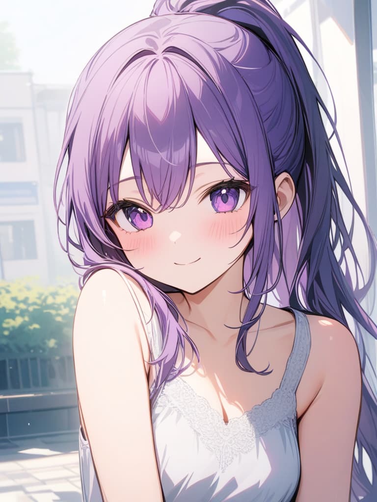  Cute, , long hair, thin body, ponytail, purple hair, purple eyes, smiling, g, camisole dress, , g decoration, purple clothes, masterpiece, best quality,8k,ultra detailed,high resolution,an extremely delicate and beautiful,hyper detail