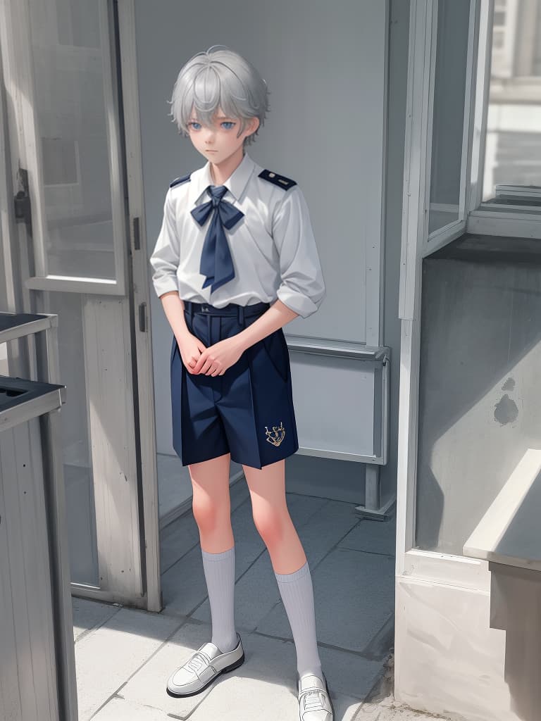  Gray hair, blue eyes, angels, sailor uniforms, boys, cute, short hair, shorts, elementary school boys, small, masterpiece, best quality,8k,ultra detailed,high resolution,an extremely delicate and beautiful,hyper detail