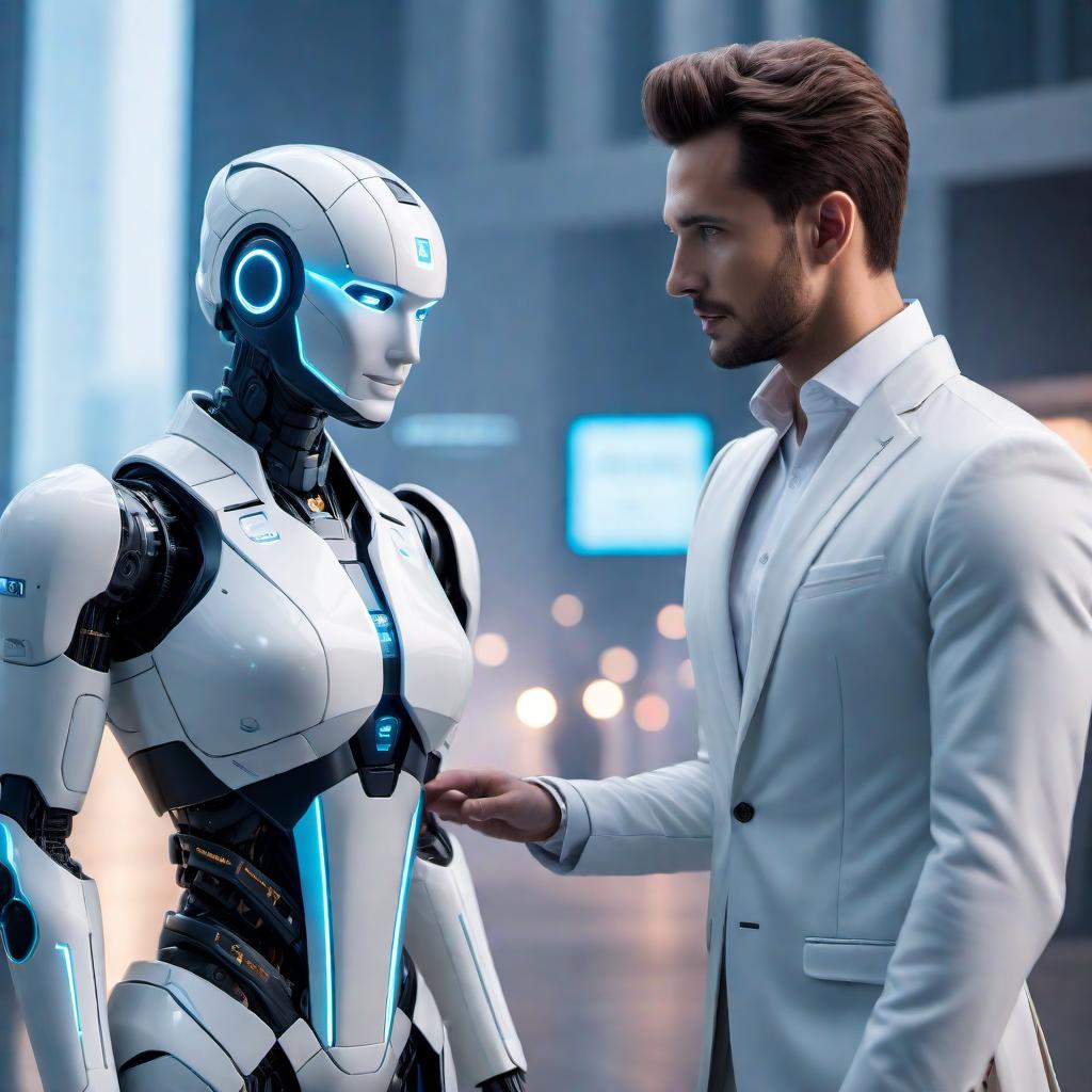  A friendly AI assistant providing assistance and information to a user. The AI assistant is ready to help with various tasks and interact with the user. The scene includes a digital interface displaying text and options for the user to choose from. The background is a modern and sleek design, reflecting a futuristic and technology-driven environment. hyperrealistic, full body, detailed clothing, highly detailed, cinematic lighting, stunningly beautiful, intricate, sharp focus, f/1. 8, 85mm, (centered image composition), (professionally color graded), ((bright soft diffused light)), volumetric fog, trending on instagram, trending on tumblr, HDR 4K, 8K