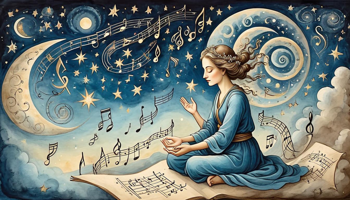  on parchment, surrealism+++, celestial symphony depicted as musical notes in the stars, figure meditating with resonating aura, night sky glittering, harmonious, transcendent(mysterious, provocative, symbolic,muted color)+++