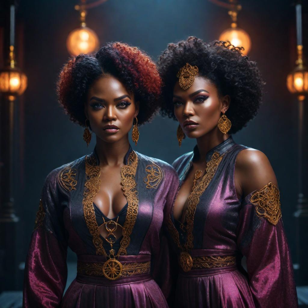  Angry black female twins in lofi fantasy style, Gemini zodiac, intense expressions, dark moody background, vibrant colors, celestial elements, intricate details hyperrealistic, full body, detailed clothing, highly detailed, cinematic lighting, stunningly beautiful, intricate, sharp focus, f/1. 8, 85mm, (centered image composition), (professionally color graded), ((bright soft diffused light)), volumetric fog, trending on instagram, trending on tumblr, HDR 4K, 8K